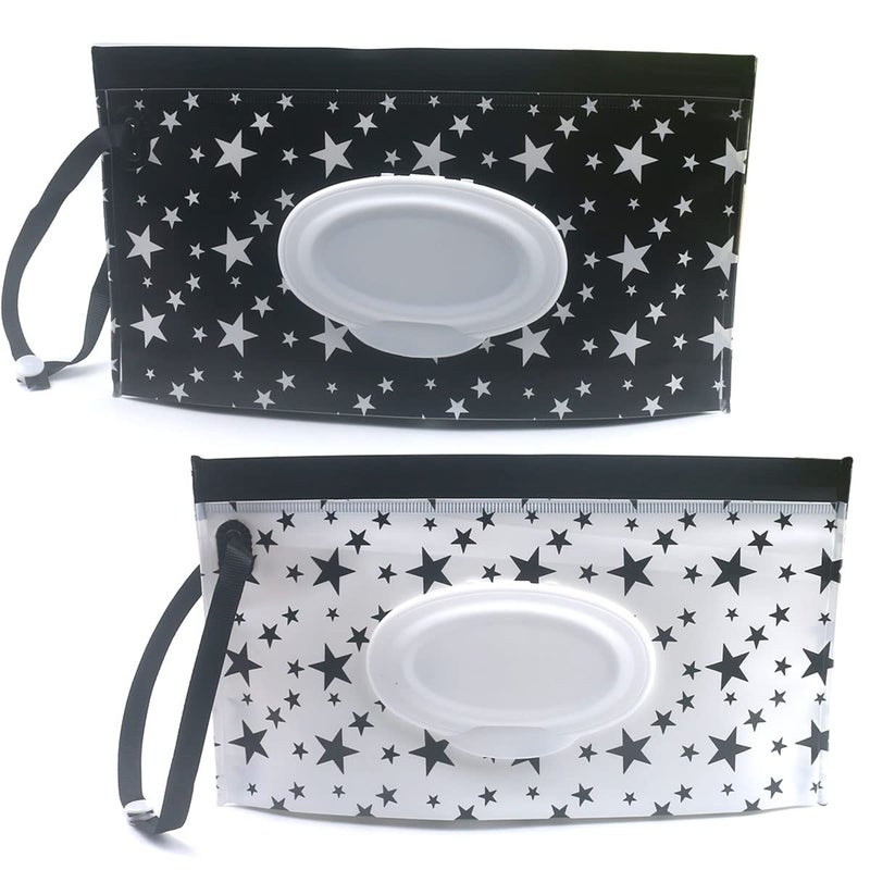 FKEYTO Baby Wipe Dispenser,Portable Refillable Wipe Holder Wipe Dispenser Bag Reusable Travel Wet Wipe Pouch (black & white stars) - Image 1